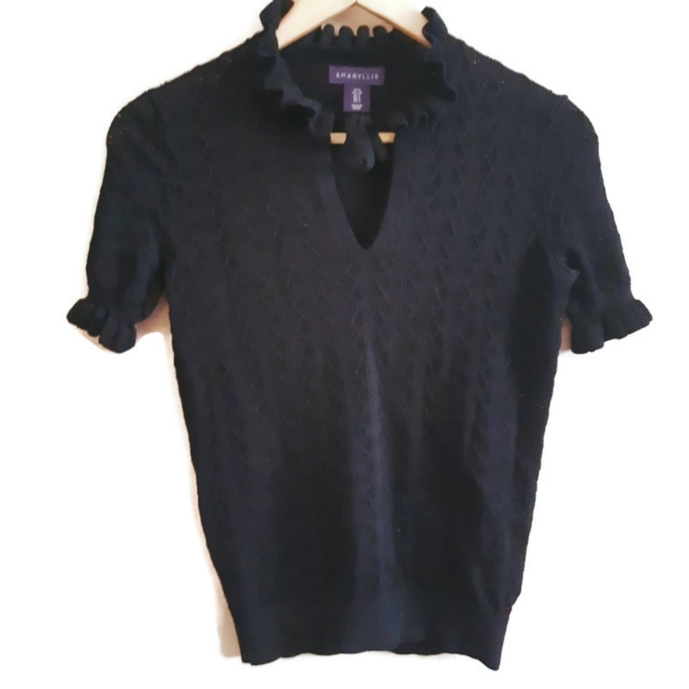 (S) Black knit eyelet top with ruffles, Amaryllis